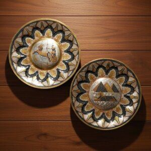 Pair of Egyptian Metal Hanging Wall Plates Pyramids Sphinx Pharoah MCM Vintage